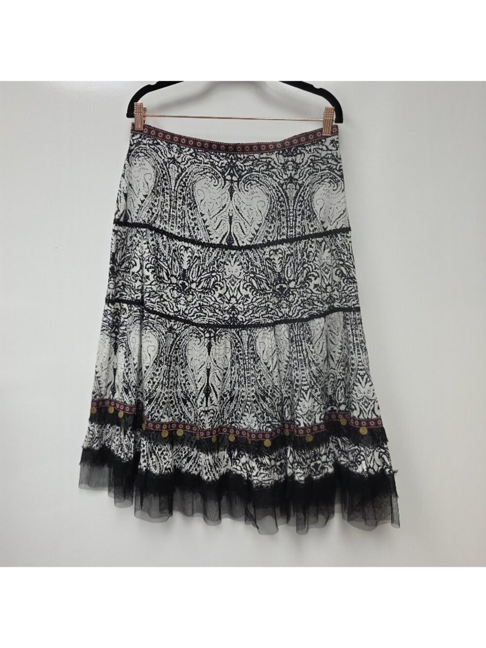 KAS Designs Skirt Womens M Black White Paisley Boho Midi Lined Pockets Ruffle